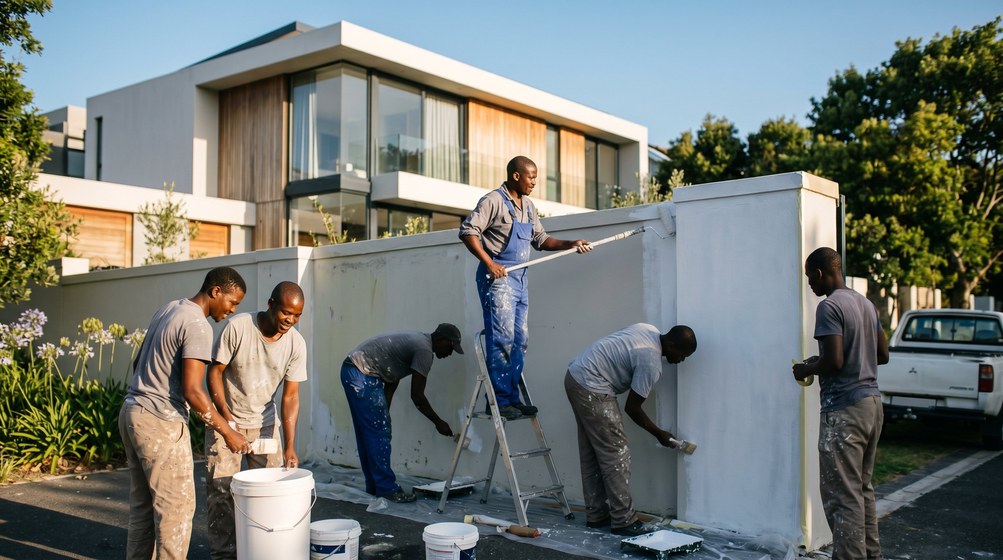 Professional team painting a boundary wall at a modern home in Sea Point