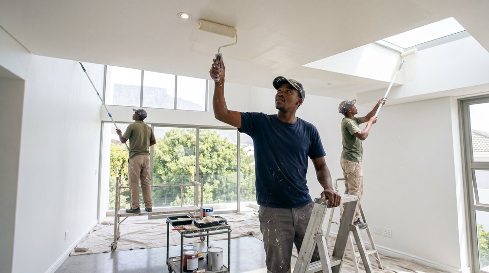 Professional ceiling painters rolling white paint onto a high ceiling in Sea Point