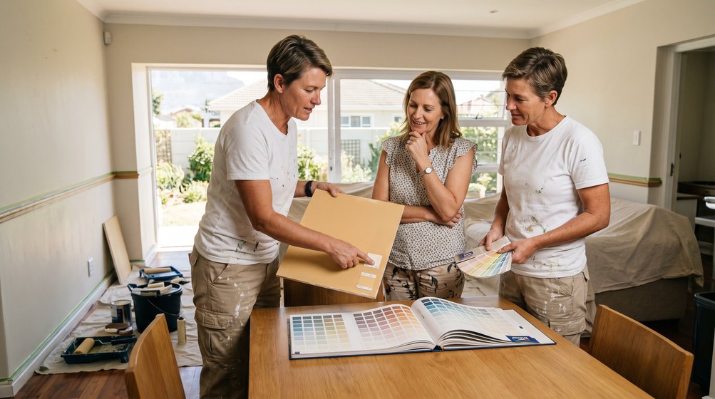 Professional colour consultant showing paint swatches to a homeowner in Sea Point