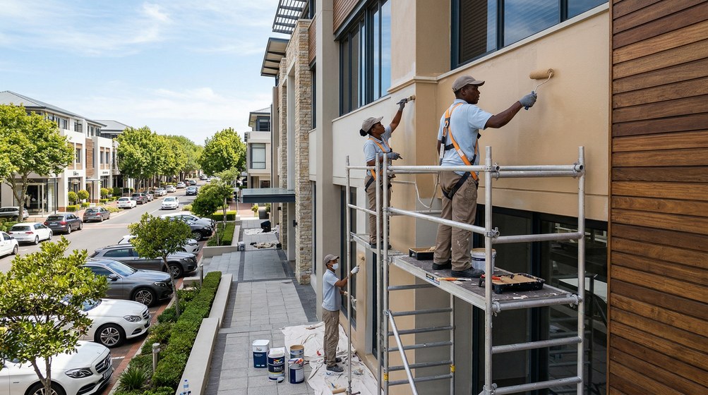 Professional commercial painters on scaffolding painting a building in Sea Point