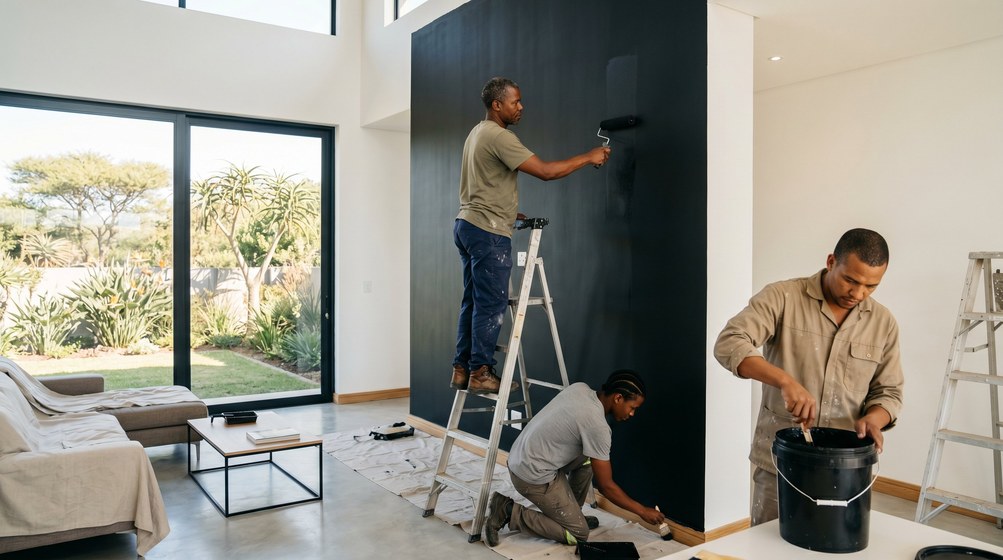 Professional painters creating a bold black feature wall in a modern Sea Point home