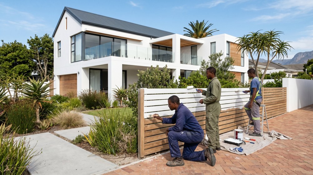 Professional fence painters painting a wooden fence at a Sea Point home in Sea Point