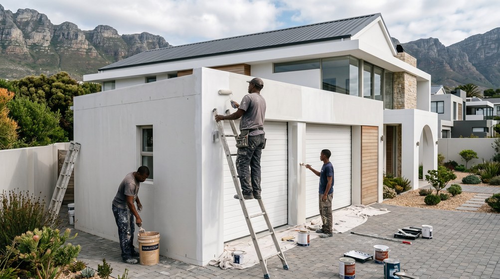 Professional painters painting a double garage exterior and garage doors in Sea Point
