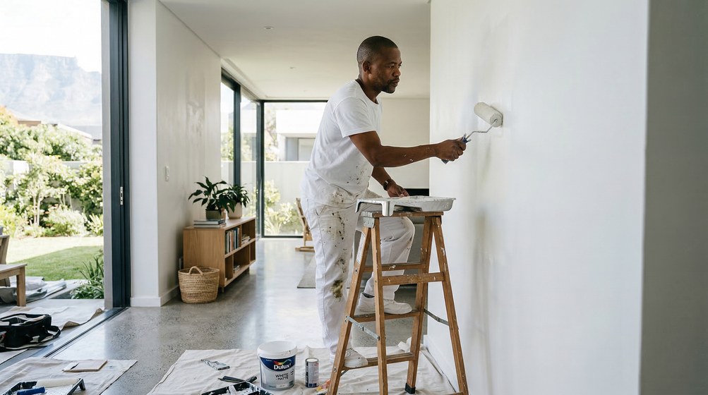 Professional interior painter in Sea Point painting walls with a roller