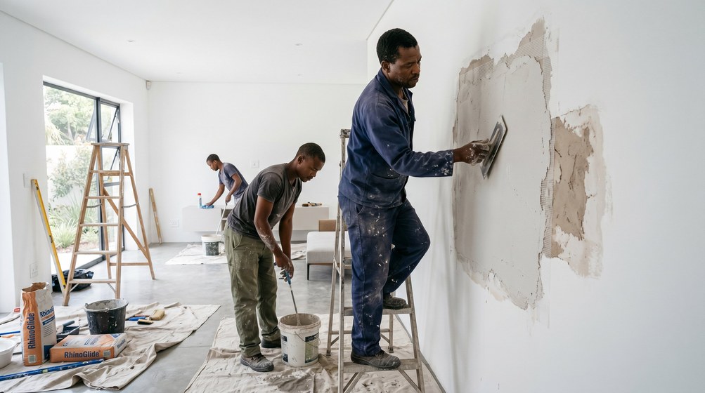 Professional plaster repair team skim coating damaged walls in Sea Point