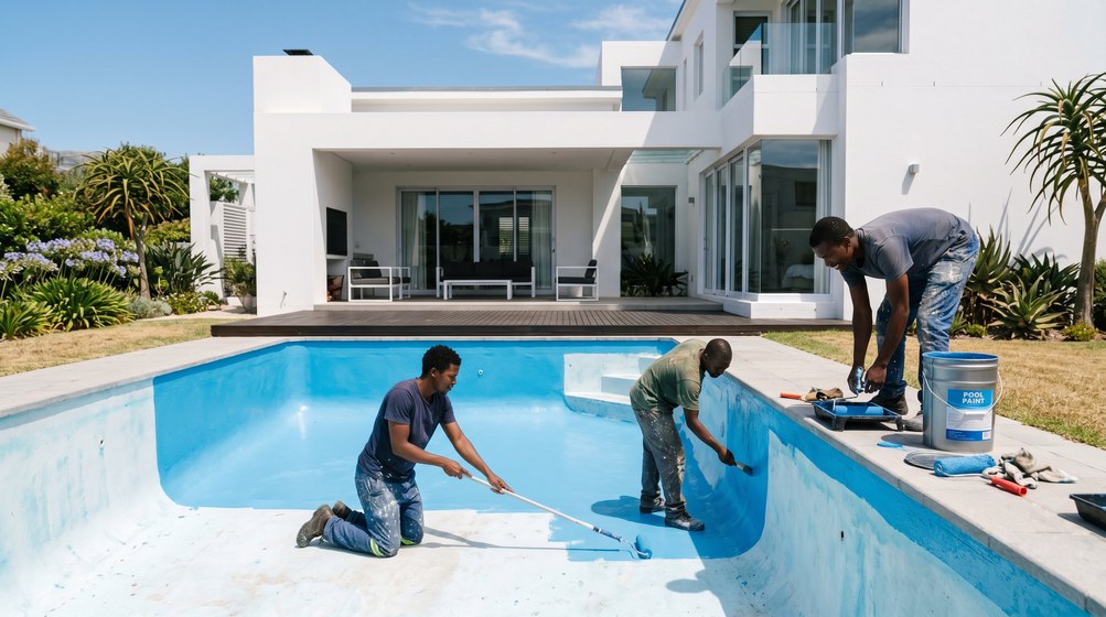Professional pool painters applying blue pool paint to a swimming pool in Sea Point