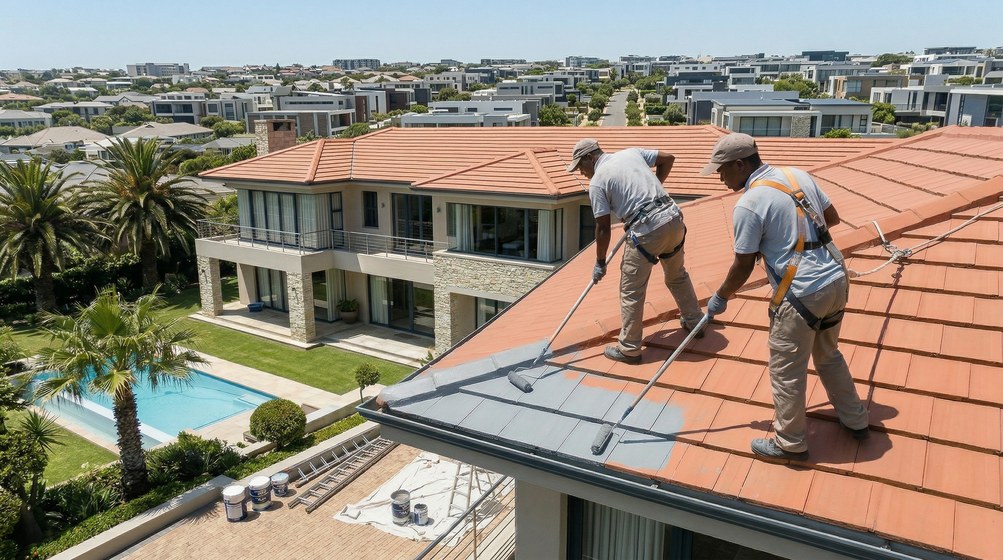 Professional roof painters applying waterproof coating to tiled roof in Sea Point