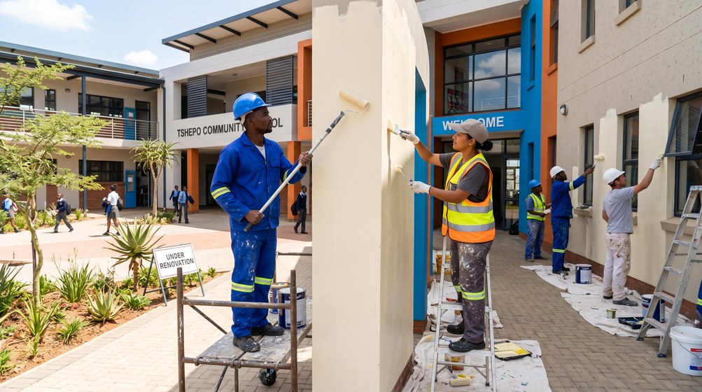 Professional school painting team painting a community school in Sea Point