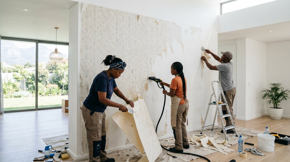 Professional wallpaper removal team stripping old wallpaper in a Sea Point home