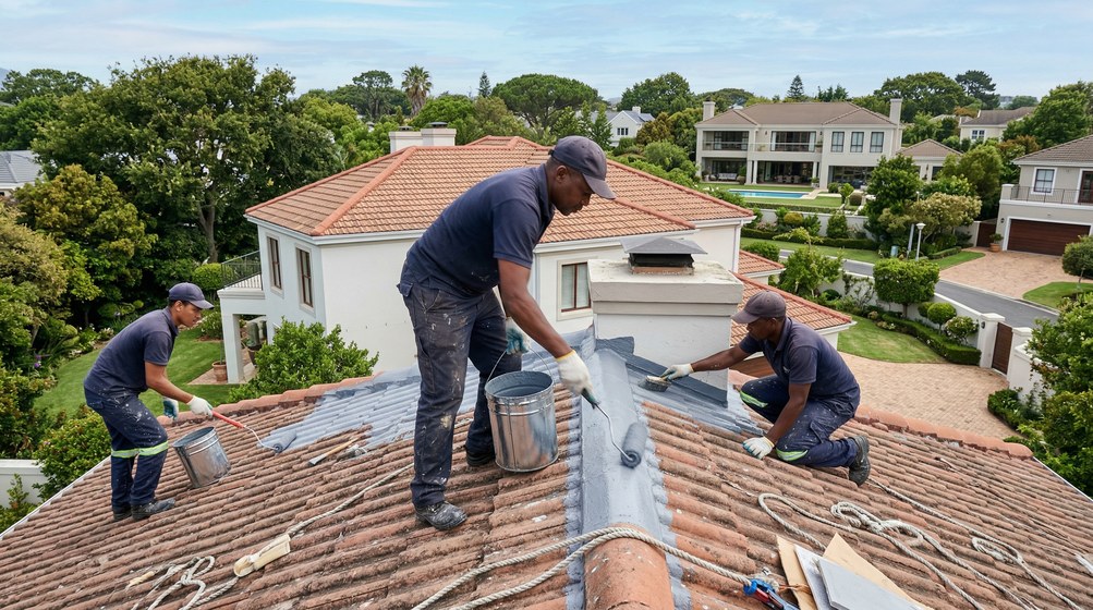 Professional waterproofing team applying membrane to roof in Sea Point