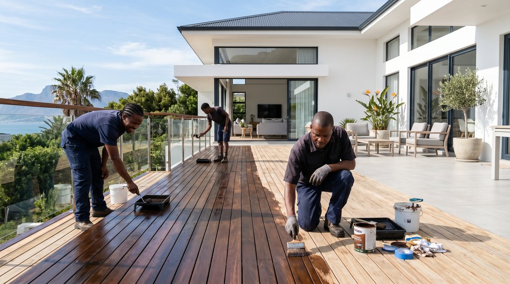Professional wood staining team applying deck stain on a home in Sea Point